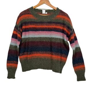 Ady P Striped Crewneck Sweater Womens Medium Green Orange Alpaca Wool Blend